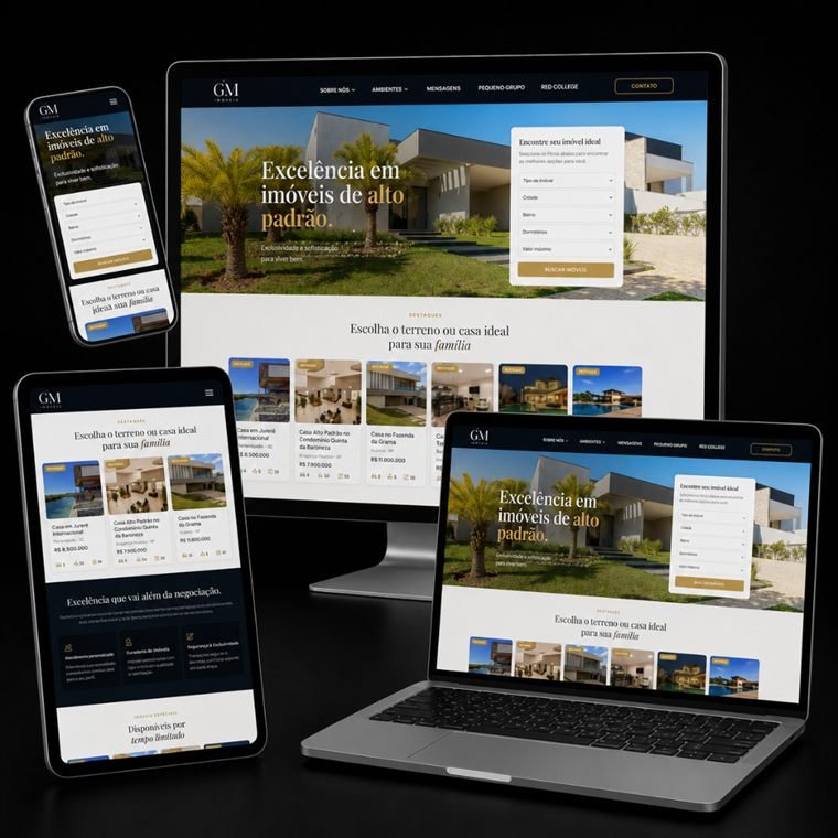 Maquete de imobiliária em computador, tablet e telemóvel