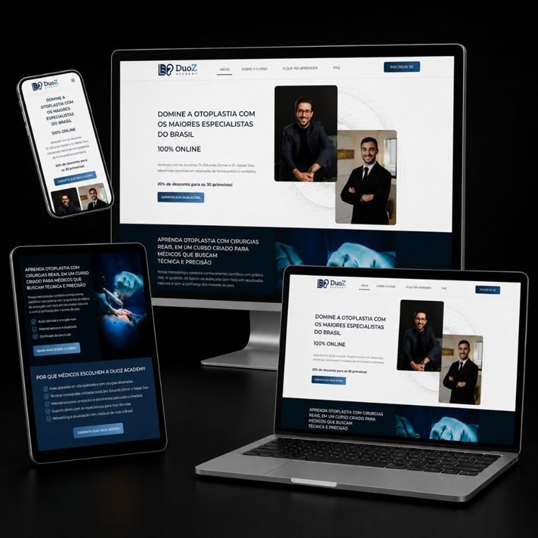 Maquete de landing page em computador, tablet e telemóvel