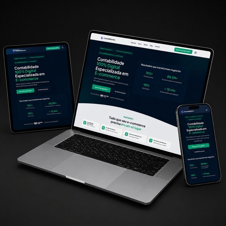 Maquete de landing page em computador, tablet e telemóvel